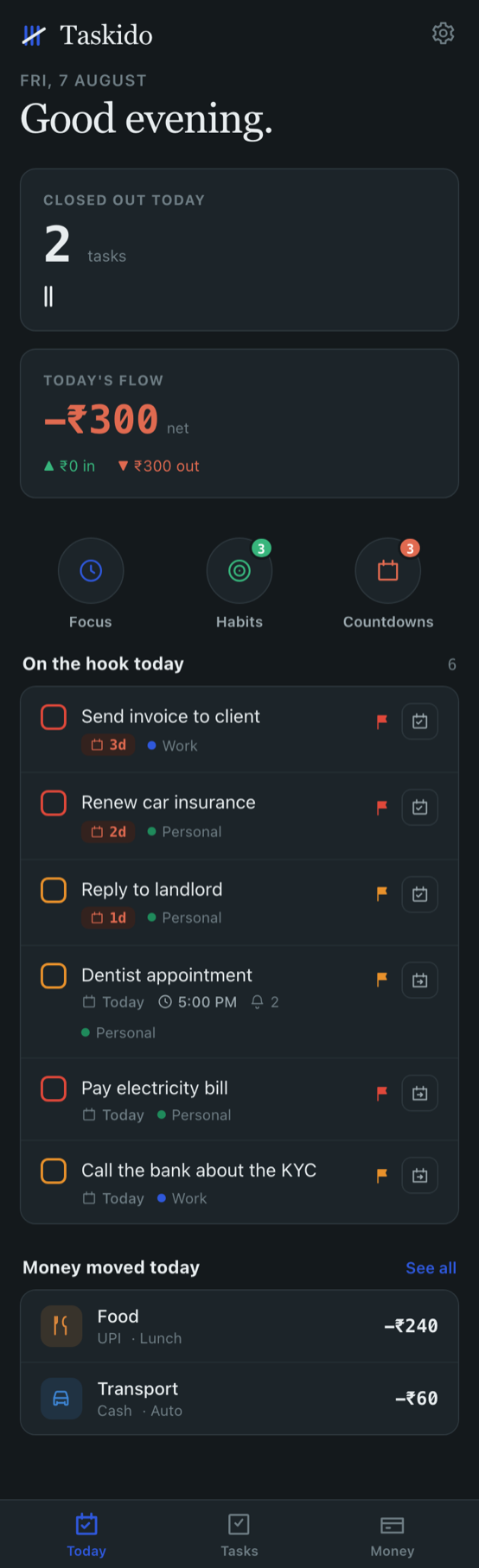 Taskido home screen showing today's tasks, the day's money flow and the Focus, Habits and Countdowns tiles